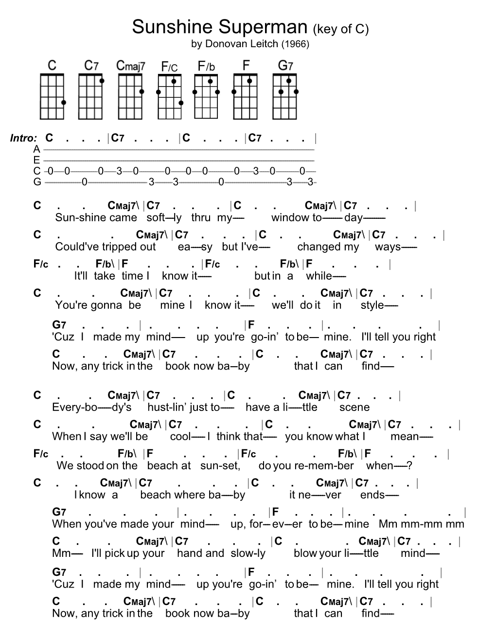 Sunshine Superman (Key of C) by Donovan Leitch (1966)