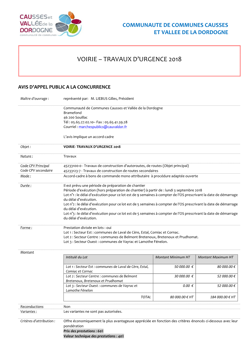 Voirie – Travaux D'urgence 2018