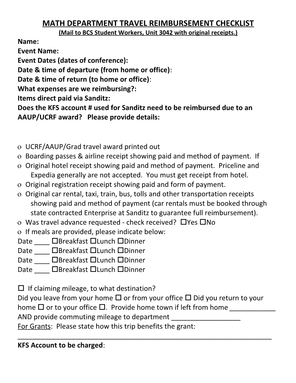 Math Department Travel Reimbursement Checklist