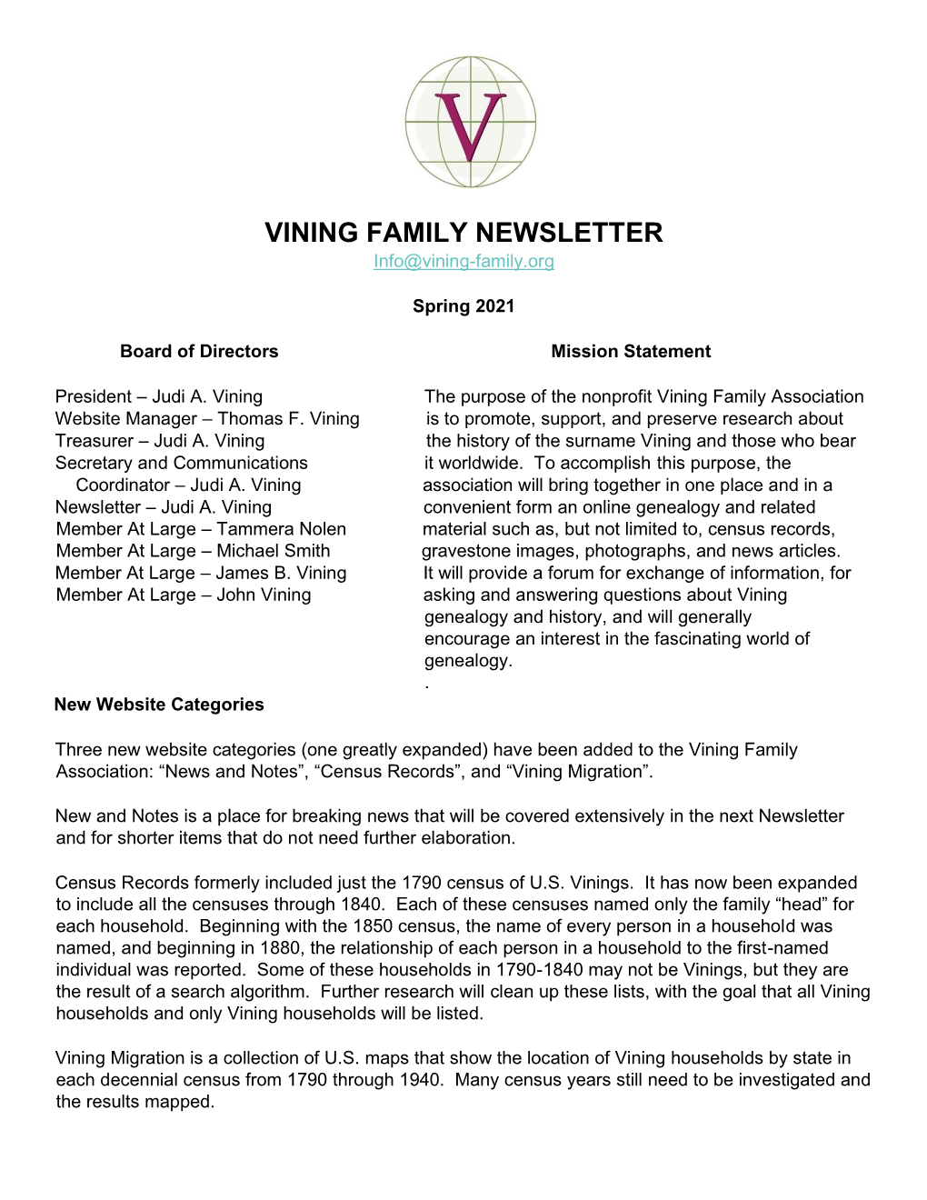 VINING FAMILY NEWSLETTER Info@Vining-Family.Org