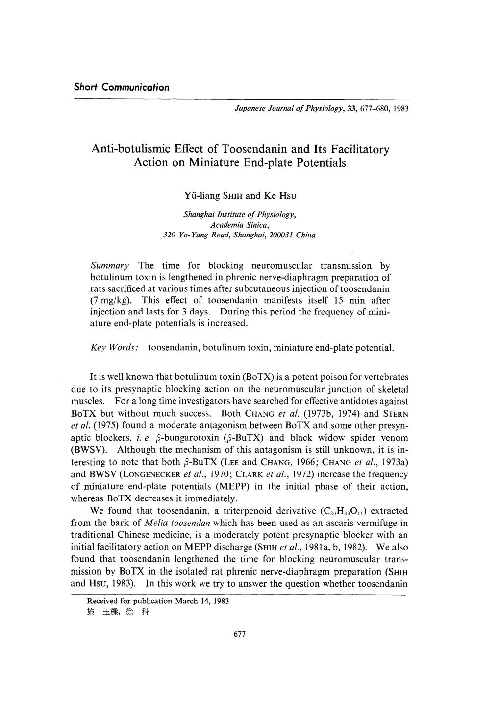 Anti-Botulismic Effect of Toosendanin and Its Facilitatory Action on Miniature End-Plate Potentials