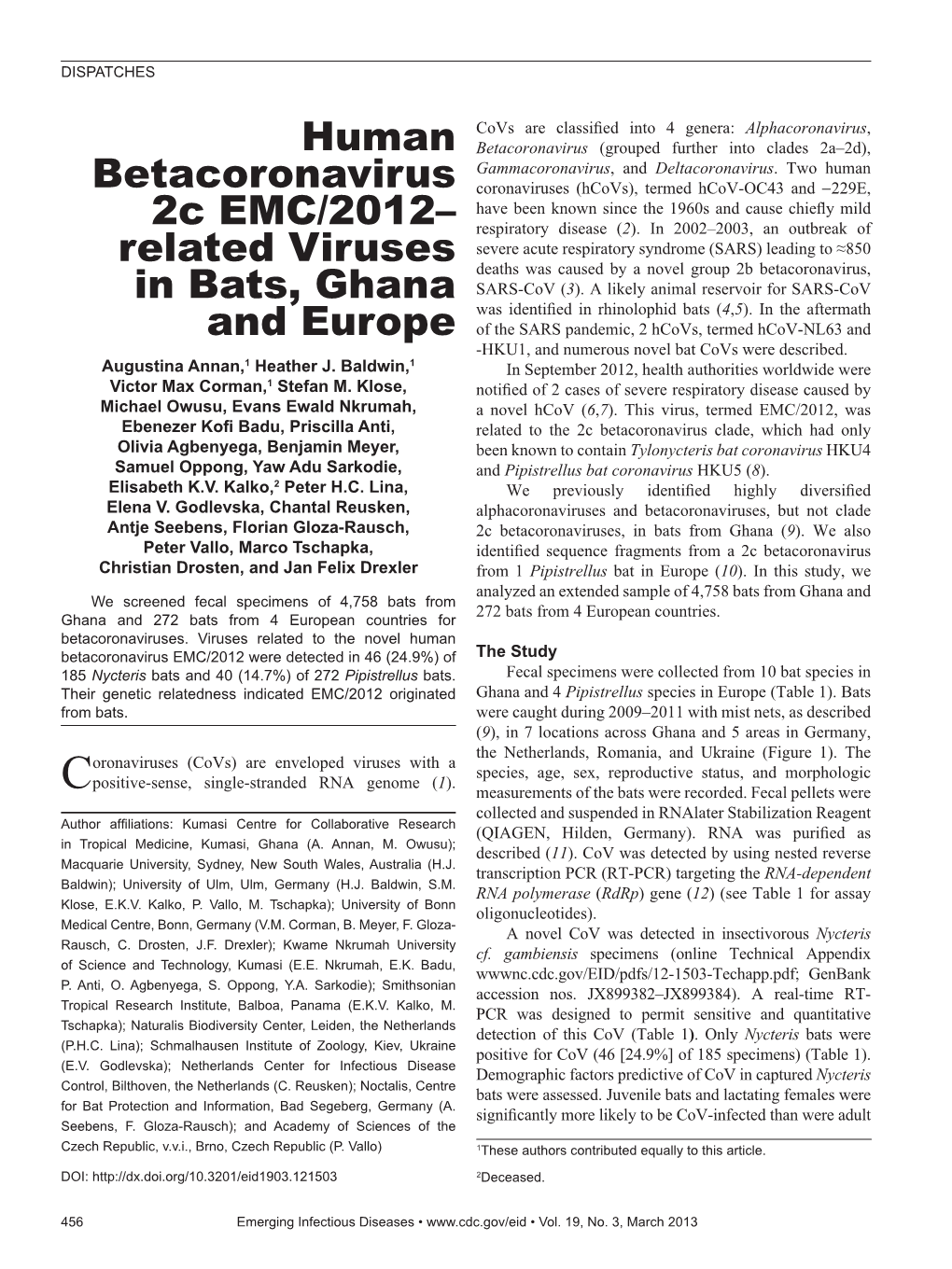 Human Betacoronavirus 2C EMC/2012–Related Viruses in Bats, Ghana and Europe