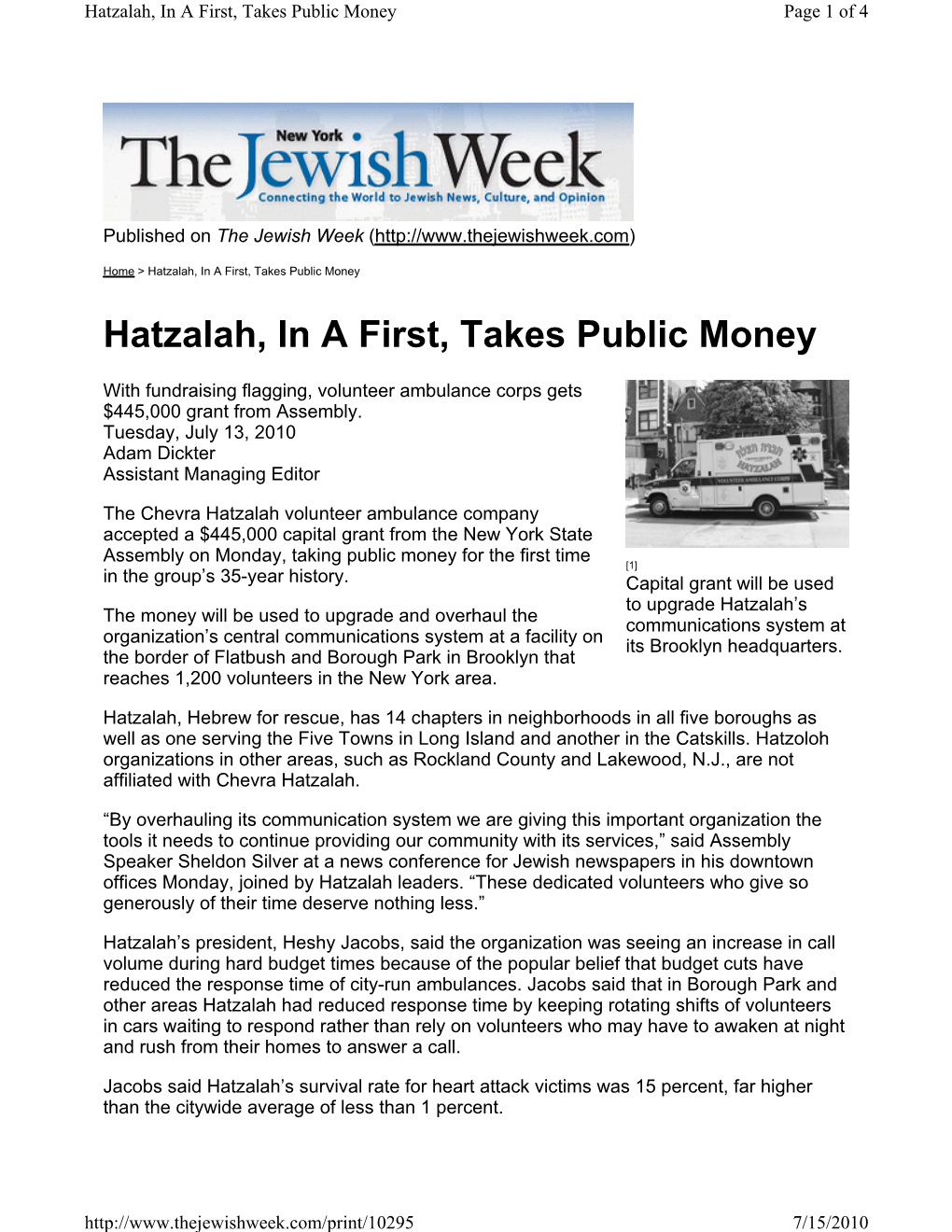 Hatzalah, in a First, Takes Public Money Page 1 of 4