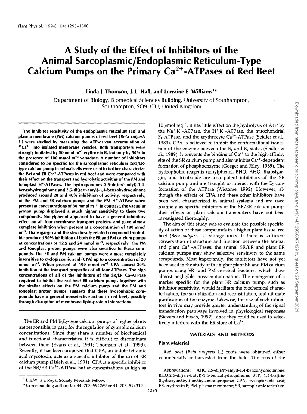Animal Sarcoplasmic/Endoplasmic Reticulum-Type Calcium Pumps on the Primary Ca*+-Atpases of Red Beet