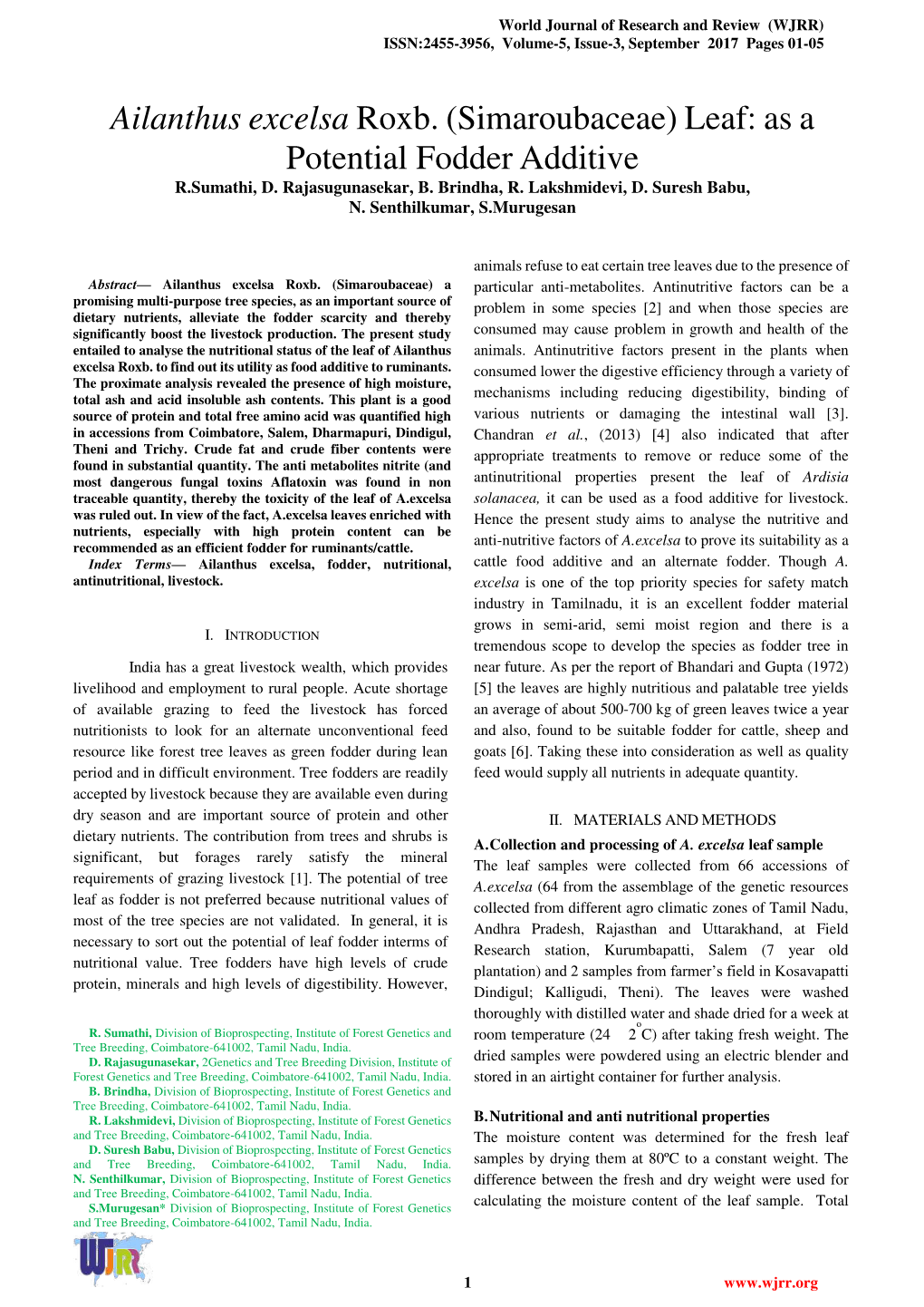 Ailanthus Excelsa Roxb. (Simaroubaceae) Leaf: As a Potential Fodder Additive R.Sumathi, D