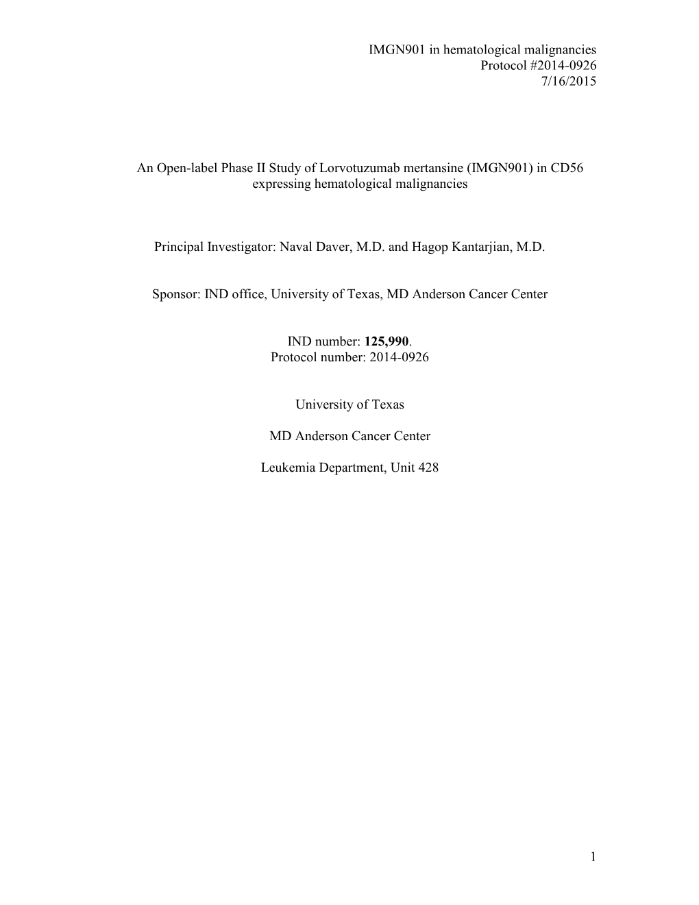 IMGN901 in Hematological Malignancies Protocol #2014-0926 7/16/2015