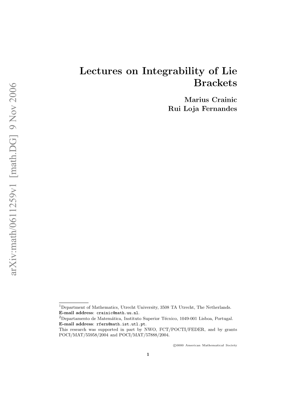 [Math.DG] 9 Nov 2006 Lectures on Integrability of Lie Brackets