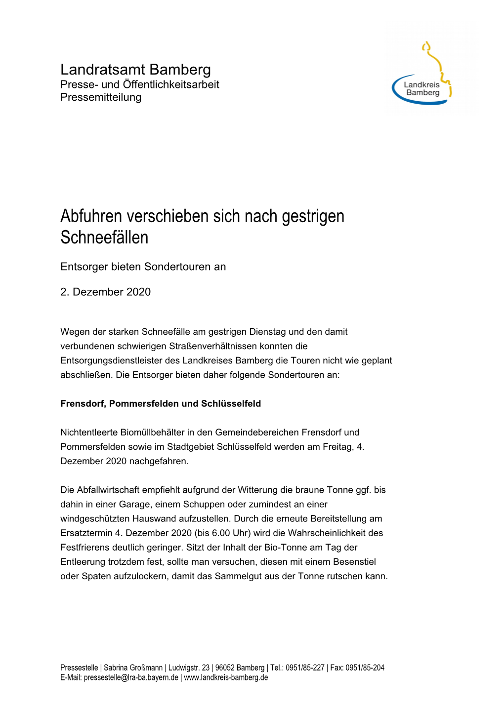 Landratsamt Bamberg Presse- Und Öffentlichkeitsarbeit Pressemitteilung