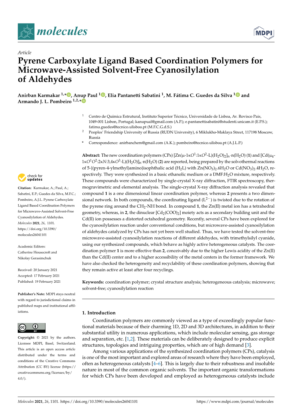 Pyrene Carboxylate Ligand Based Coordination Polymers for Microwave-Assisted Solvent-Free Cyanosilylation of Aldehydes