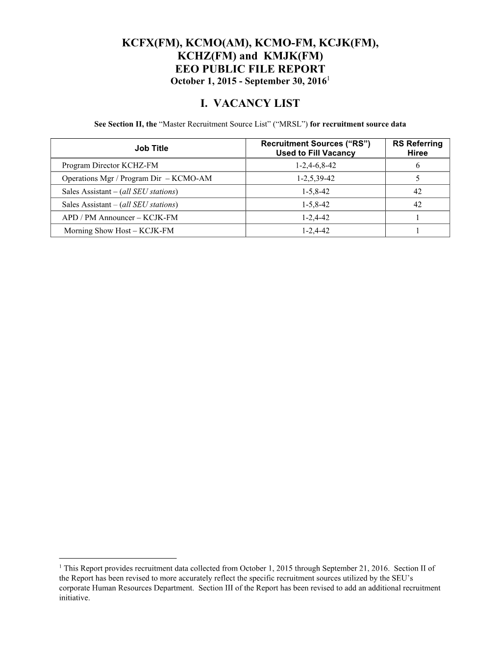 KCFX(FM), KCMO(AM), KCMO-FM, KCJK(FM), KCHZ(FM) and KMJK(FM) EEO PUBLIC FILE REPORT October 1, 2015 - September 30, 20161