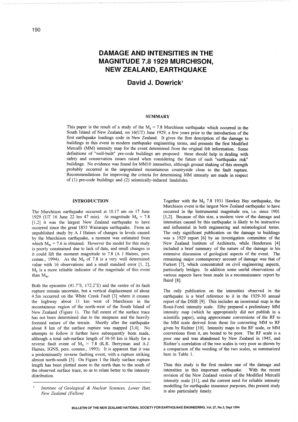 DAMAGE and INTENSITIES in the MAGNITUDE 7.8 1929 MURCHISON, NEW ZEALAND, EARTHQUAKE David J. Dowrick1