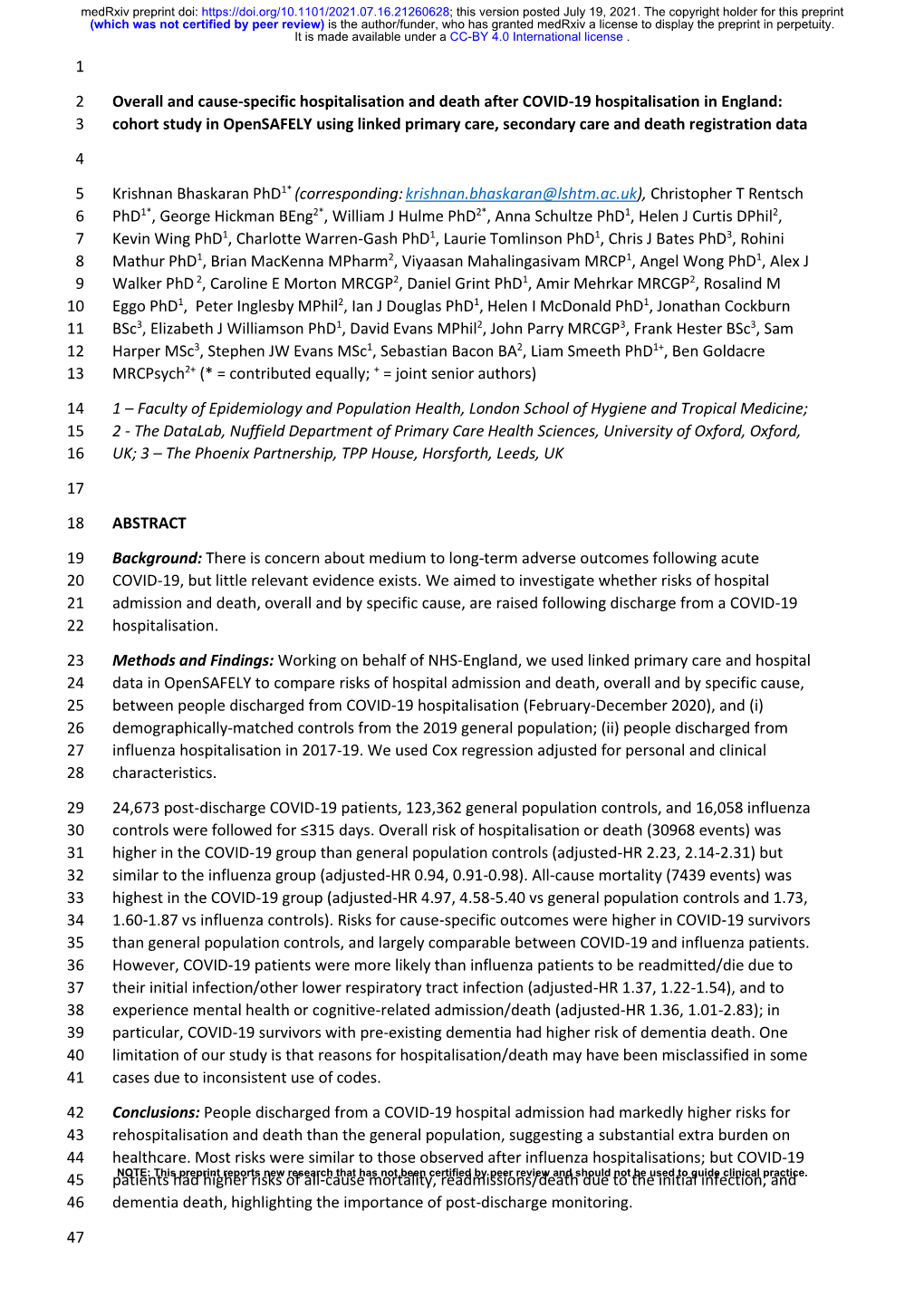 Cohort Study in Opensafely Using Linked Primary Care, Secondary Care and Death Registration Data