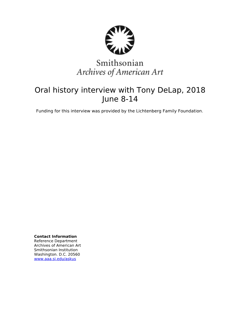 Oral History Interview with Tony Delap, 2018 June 8-14