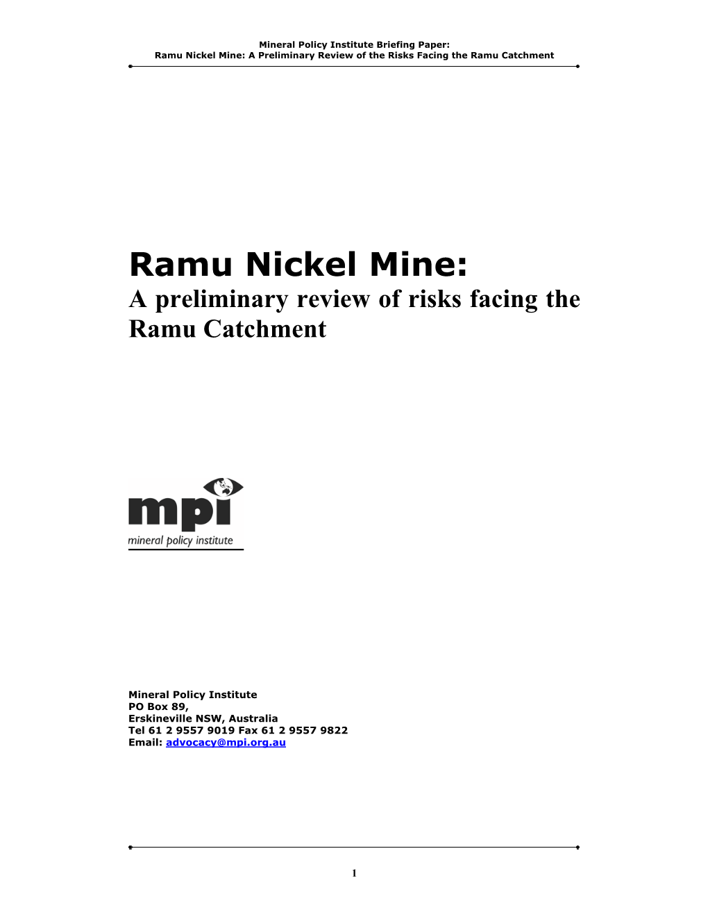 Ramu Nickel Mine: a Preliminary Review of the Risks Facing the Ramu Catchment