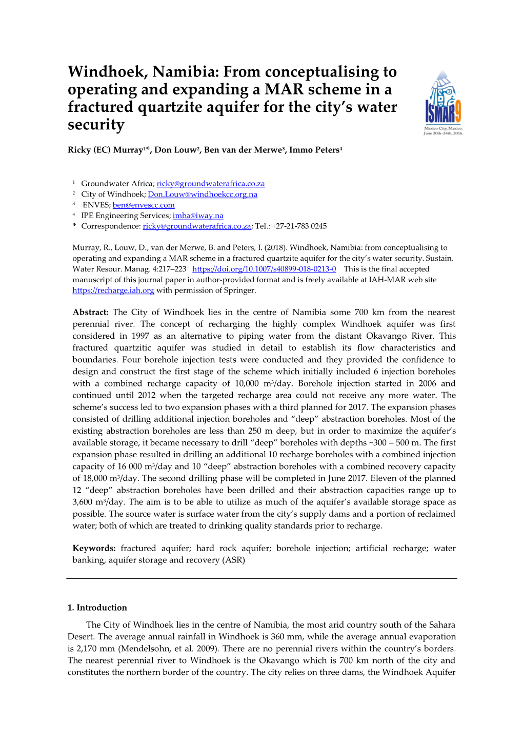 Windhoek, Namibia: from Conceptualising to Operating and Expanding a MAR Scheme in a Fractured Quartzite Aquifer for the City’S Water Security