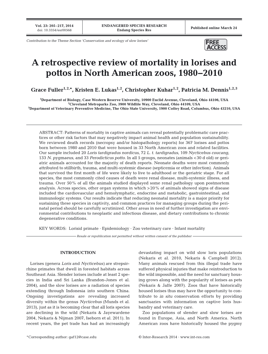 A Retrospective Review of Mortality in Lorises and Pottos in North American Zoos, 1980−2010