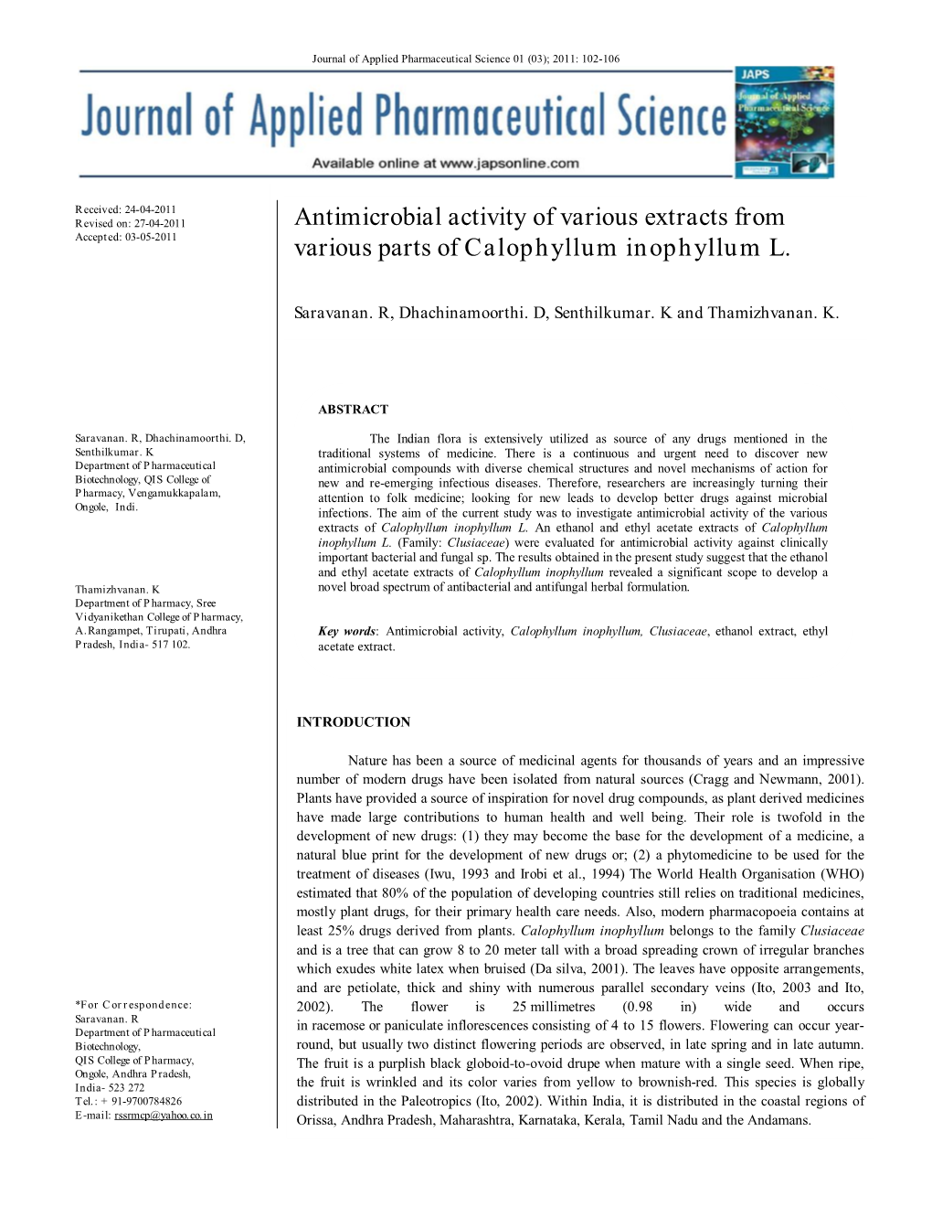 Antimicrobial Activity of Various Extracts from Various Parts Of