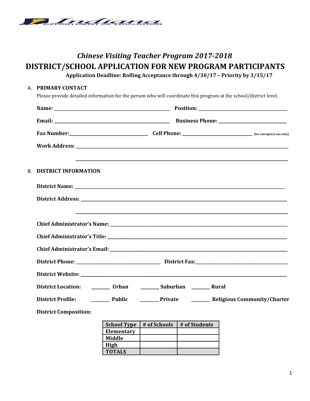 Chinese Visiting Teacher Program 2017-2018 DISTRICT/SCHOOL APPLICATION for NEW PROGRAM