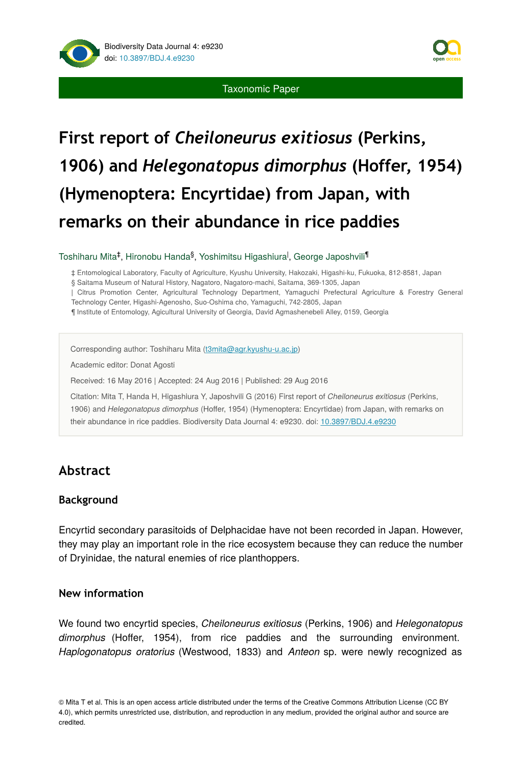 First Report of Cheiloneurus Exitiosus (Perkins, 1906) and Helegonatopus Dimorphus (Hoffer, 1954) (Hymenoptera: Encyrtidae) From