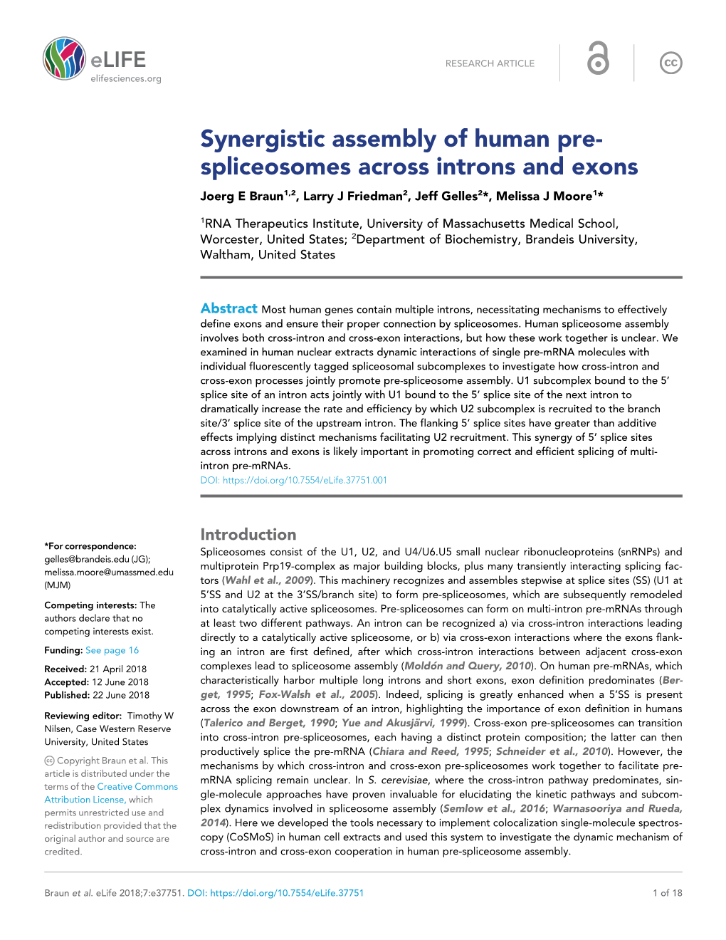 Synergistic Assembly of Human Pre- Spliceosomes Across Introns and Exons Joerg E Braun1,2, Larry J Friedman2, Jeff Gelles2*, Melissa J Moore1*