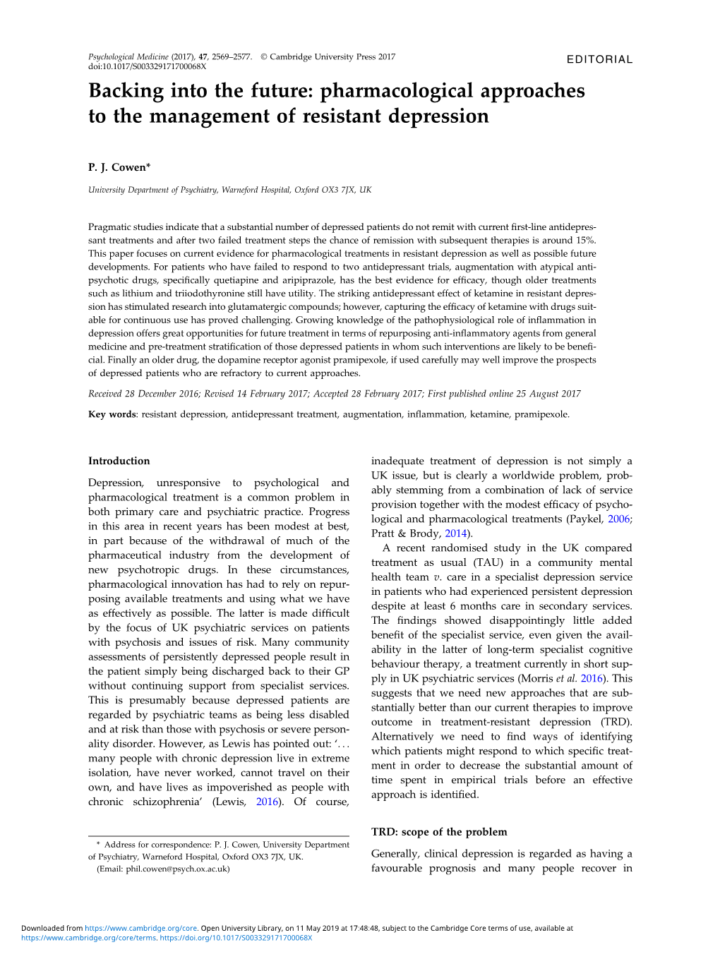 Pharmacological Approaches to the Management of Resistant Depression