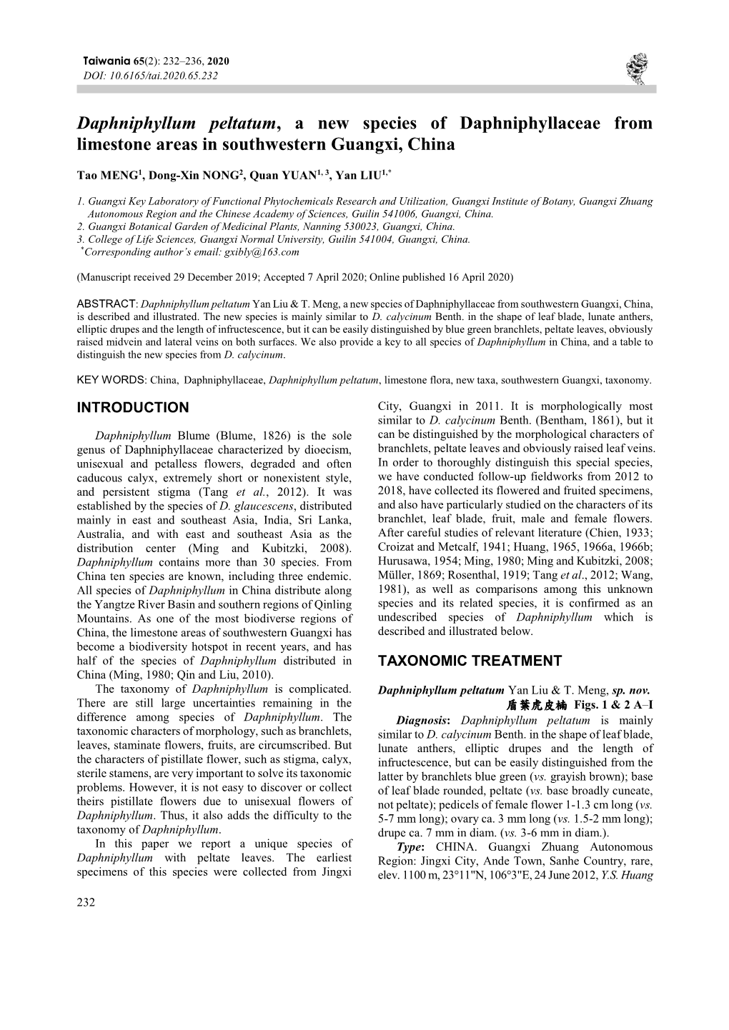 Daphniphyllum Peltatum, a New Species of Daphniphyllaceae from Limestone Areas in Southwestern Guangxi, China