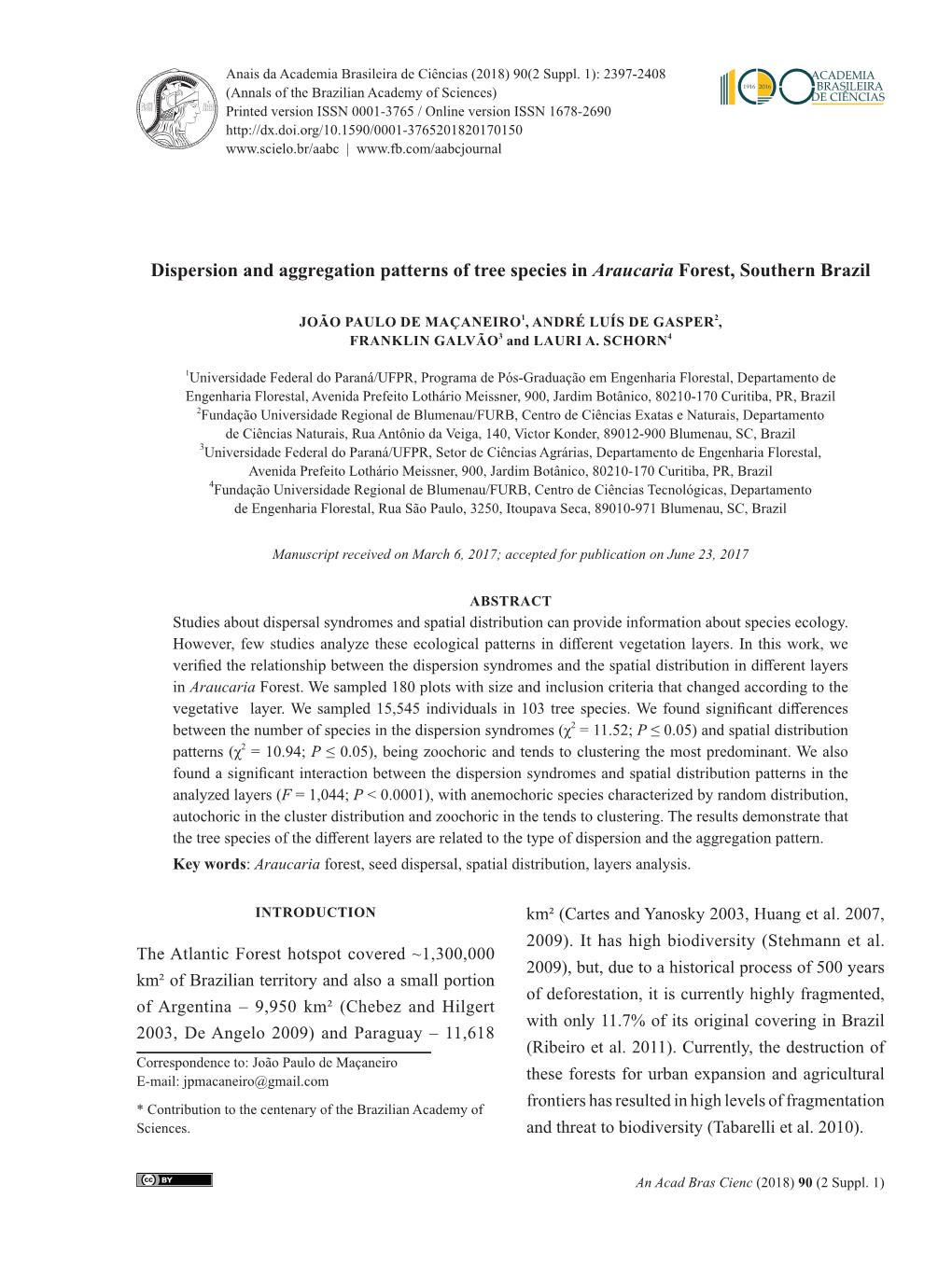 Dispersion and Aggregation Patterns of Tree Species in Araucaria Forest, Southern Brazil