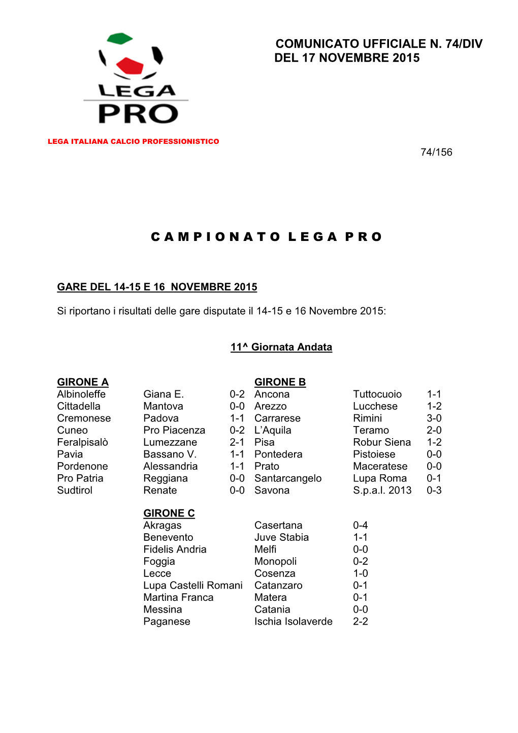 Comunicato Ufficiale N. 74/Div Del 17 Novembre 2015