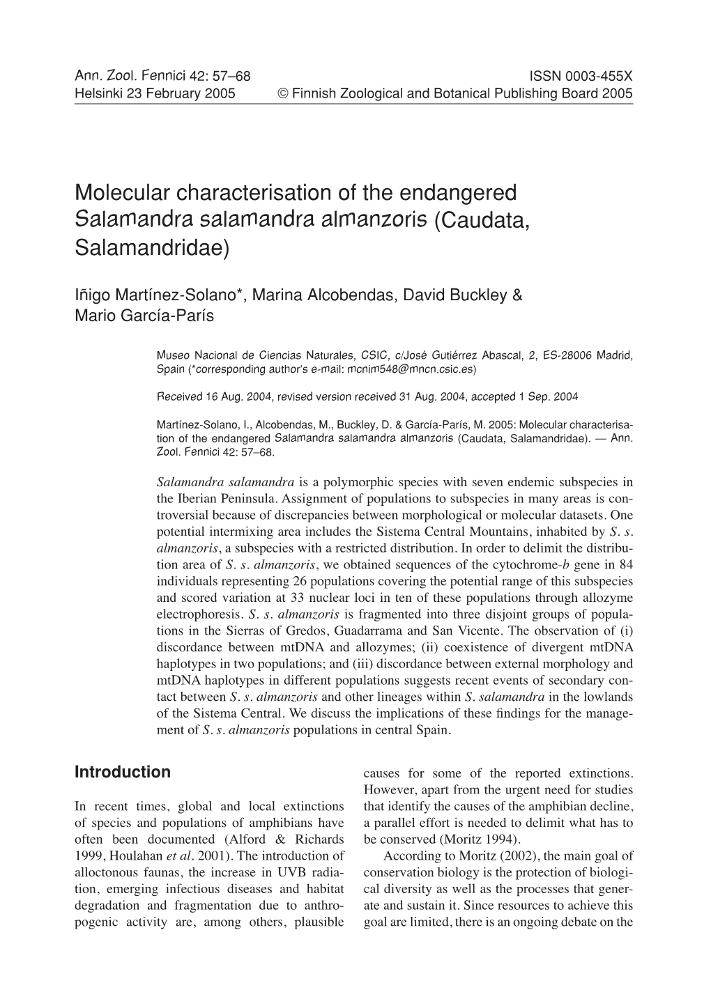 Molecular Characterisation of the Endangered Salamandra Salamandra Almanzoris (Caudata, Salamandridae)