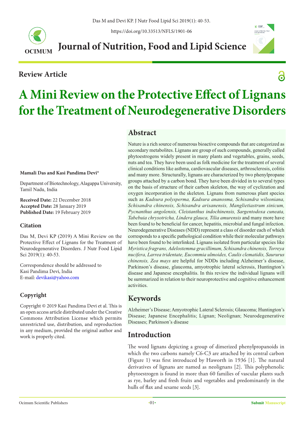 A Mini Review on the Protective Effect of Lignans for the Treatment of Neurodegenerative Disorders