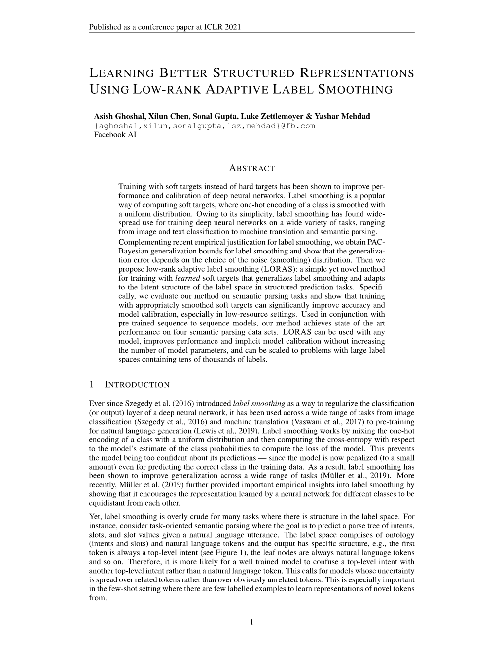 Learning Better Structured Representations Using Low-Rank Adaptive Label Smoothing