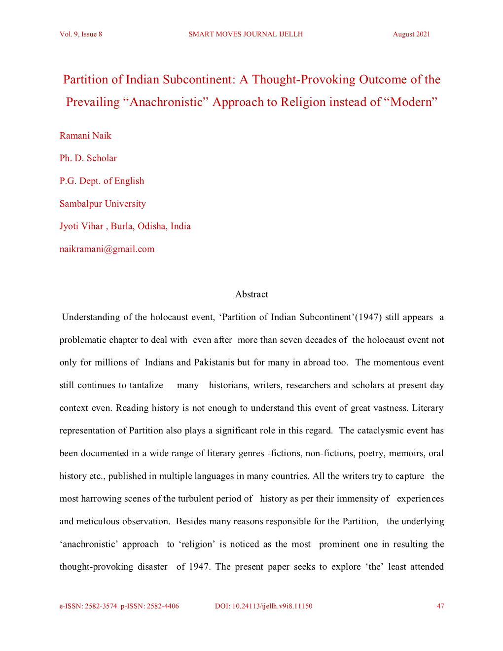 Partition of Indian Subcontinent: a Thought-Provoking Outcome of the Prevailing “Anachronistic” Approach to Religion Instead of “Modern”