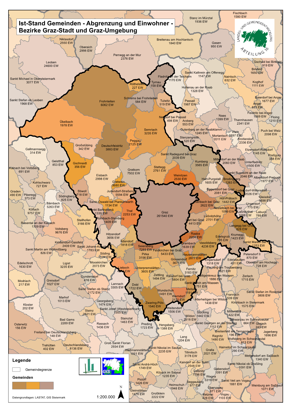 Ist-Stand Gemeinden1599 EW - Abgrenzung Und167 Einwohner EW - Bruck an Der Mur Strallegg Bezirke Graz-Stadt Und Graz-Umgebung12816 EW 1982 EW