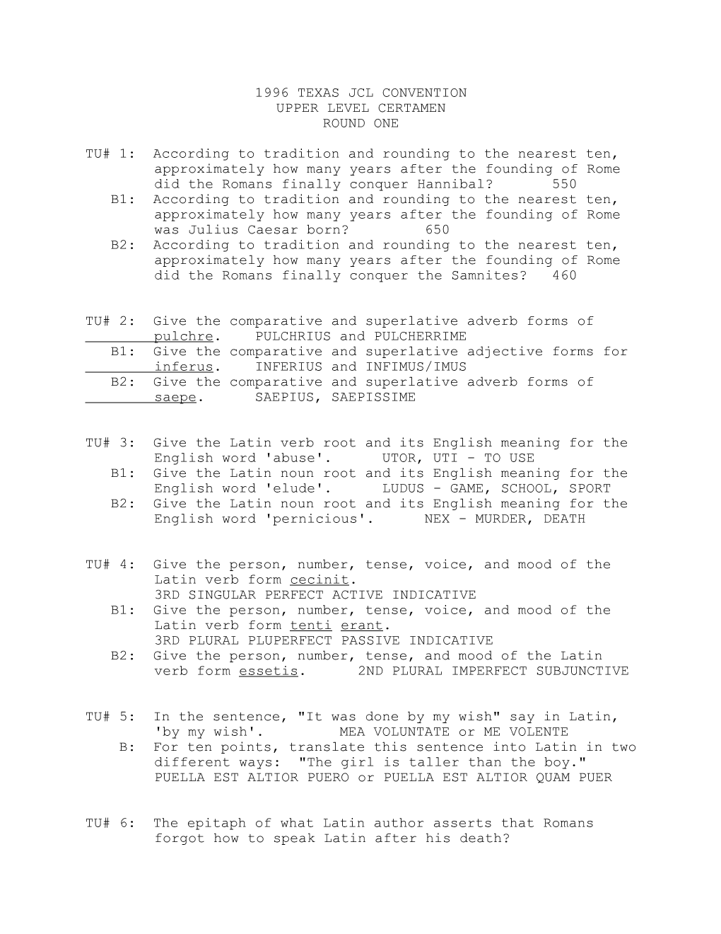 1996 Texas Jcl Convention Upper Level Certamen Round One