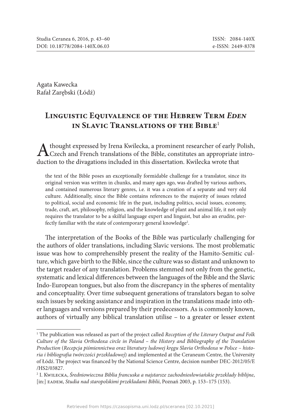 Linguistic Equivalence of the Hebrew Term Eden in Slavic Translations of the Bible1