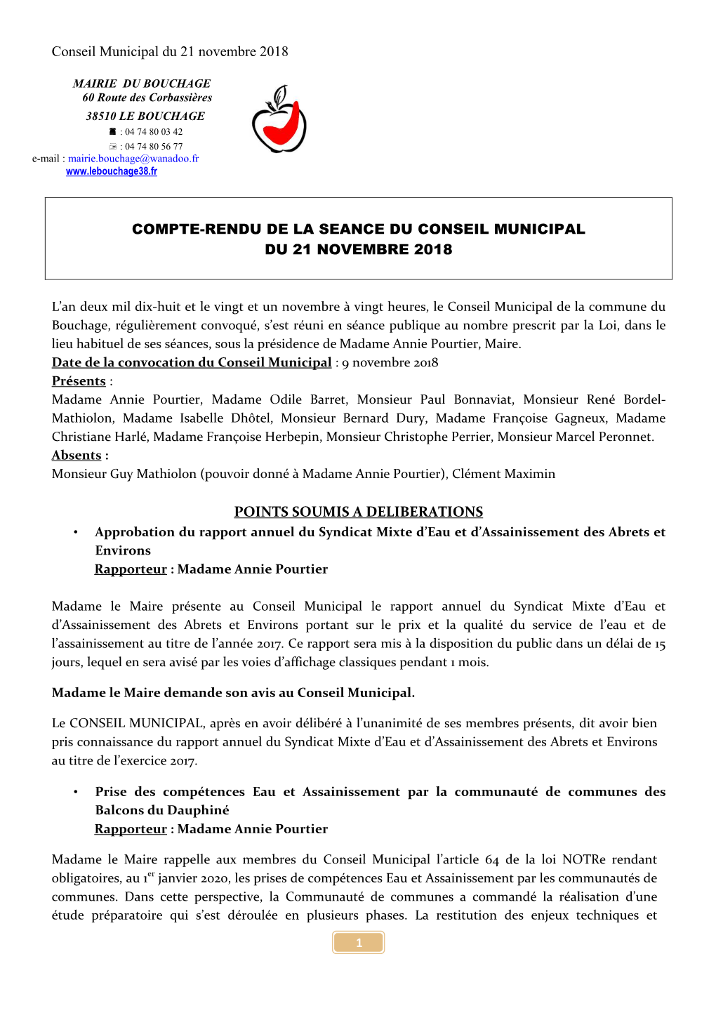 Conseil Municipal Du 21 Novembre 2018