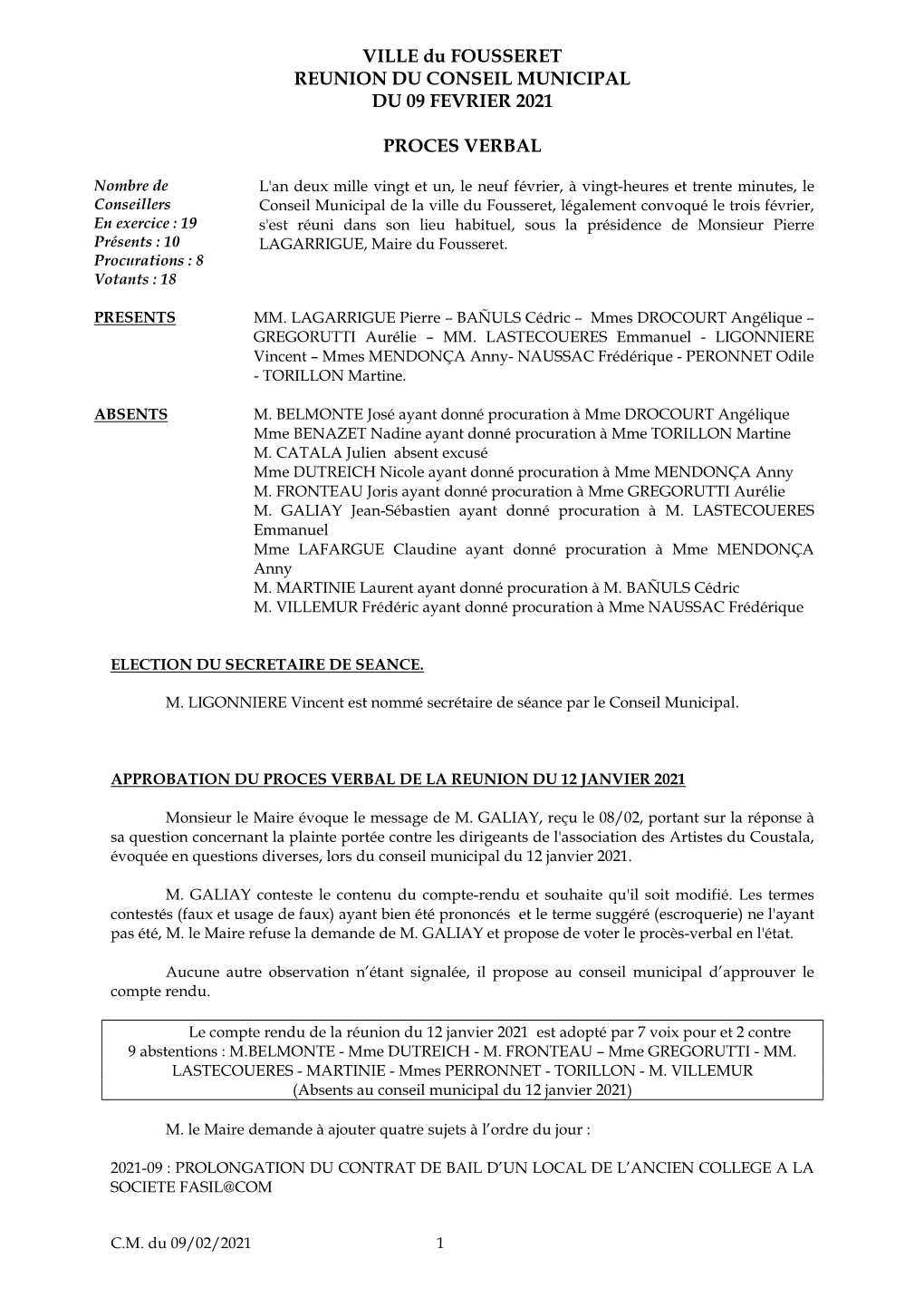 VILLE Du FOUSSERET REUNION DU CONSEIL MUNICIPAL DU 09 FEVRIER 2021