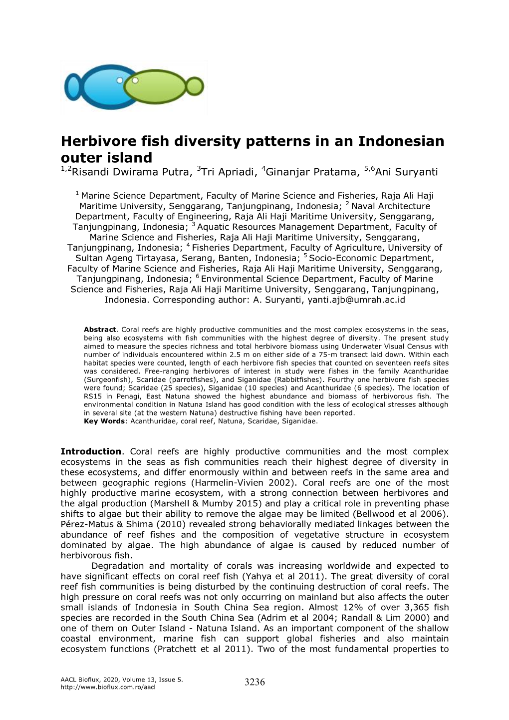 Putra R. D., Apriadi T., Pratama G., Suryanti A., 2020 Herbivore Fish Diversity Patterns in an Indonesian Outer Island