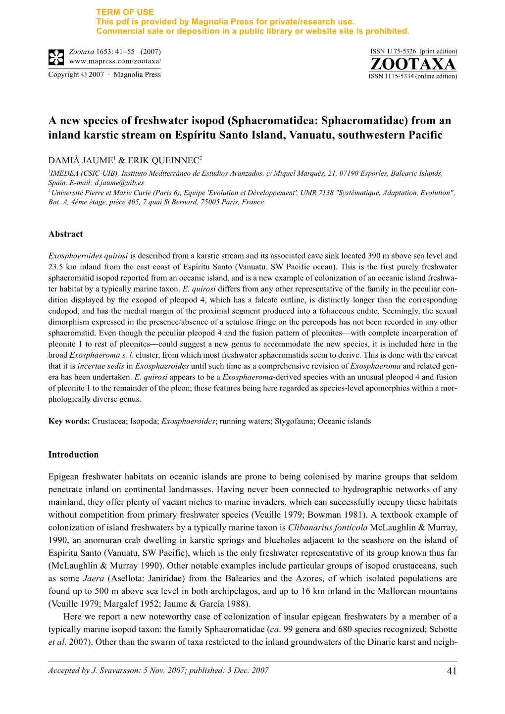 Zootaxa,A New Species of Freshwater Isopod