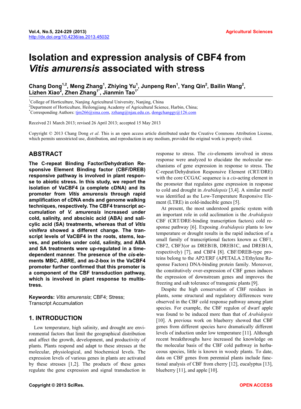 Isolation and Expression Analysis of CBF4 from Vitis Amurensis Associated with Stress