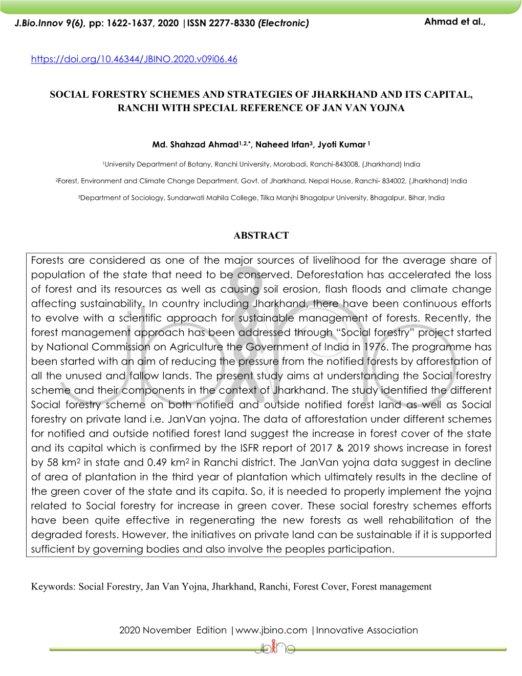 Social Forestry Schemes and Strategies of Jharkhand and Its Capital, Ranchi with Special Reference of Jan Van Yojna Abstract