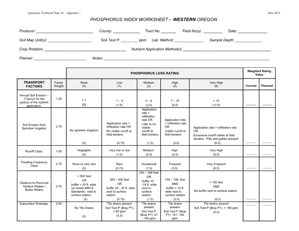 Agronomy Technical Note 26 Appendix 1 PHOSPHORUS INDEX WORKSHEET WESTERN OREGON June 2013