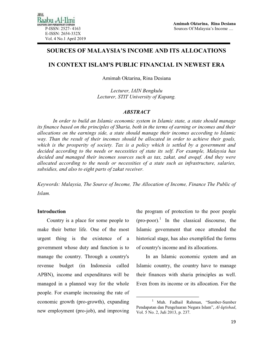 Sources of Malaysia's Income and Its Allocations in Context Islam's Public