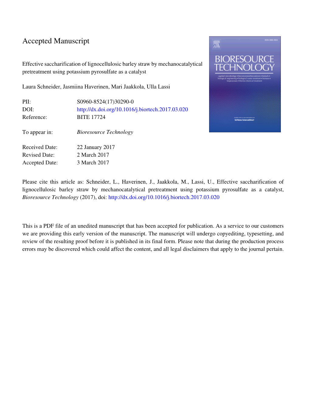 Effective Saccharification of Lignocellulosic Barley Straw by Mechanocatalytical Pretreatment Using Potassium Pyrosulfate As a Catalyst