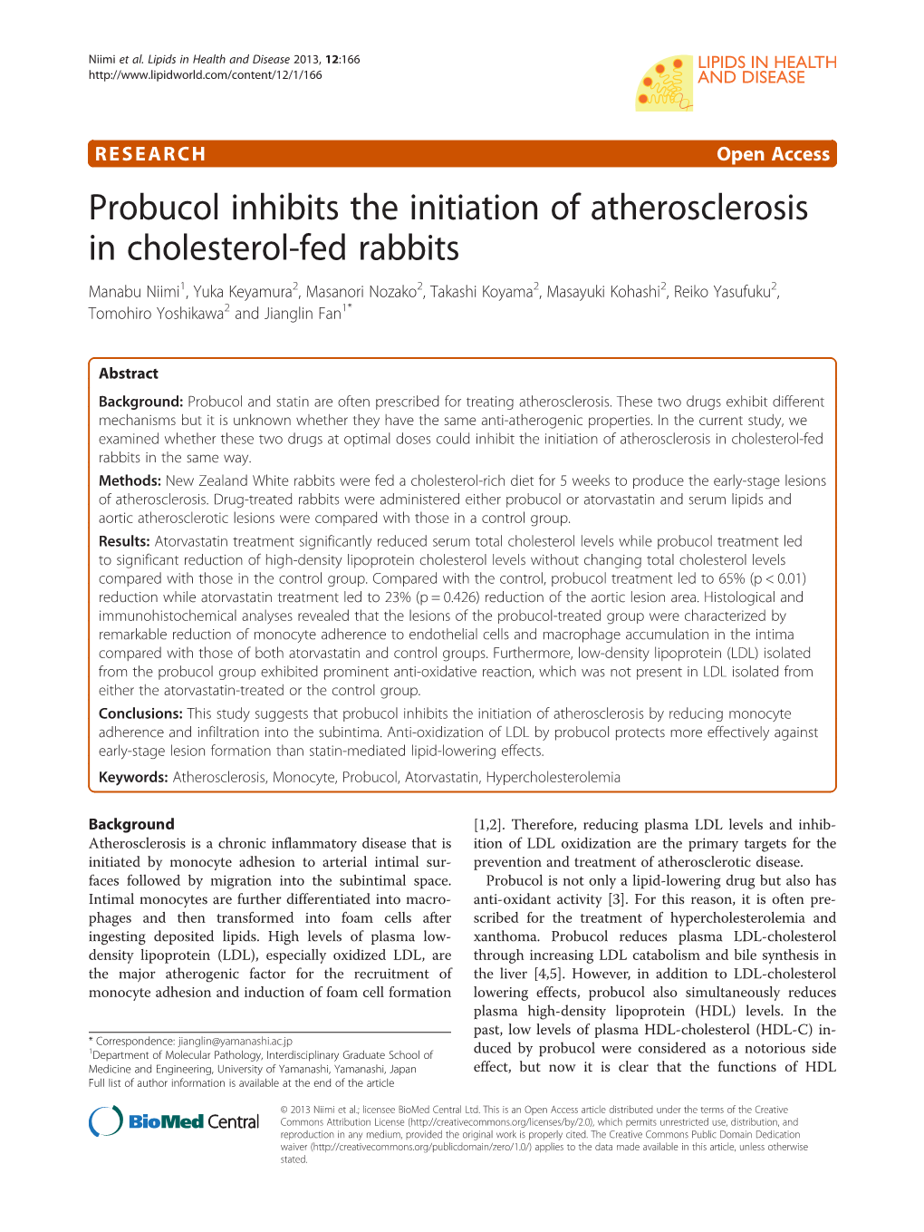 Probucol Inhibits the Initiation of Atherosclerosis in Cholesterol-Fed