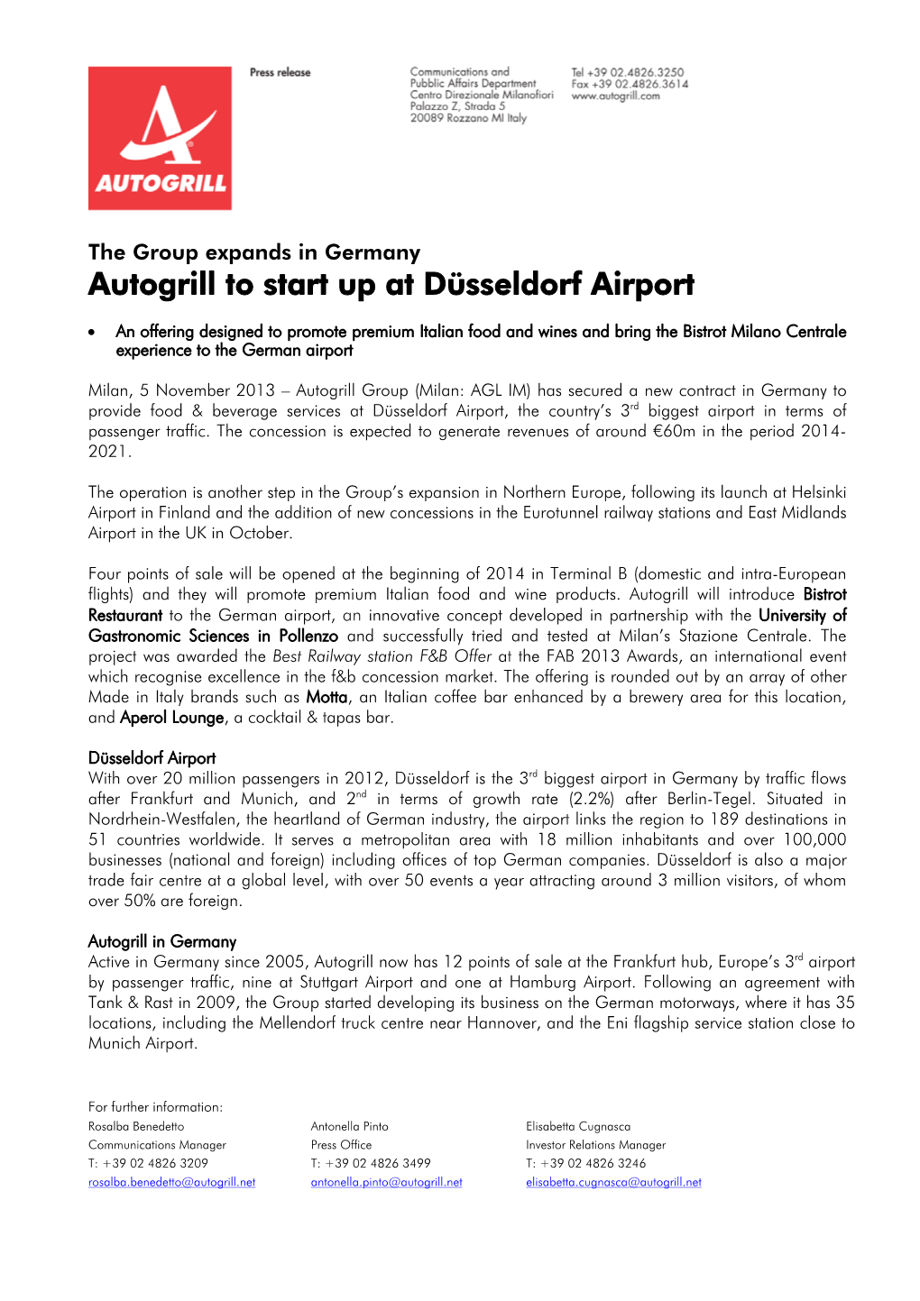Autogrill to Start up at Düsseldorf Airport