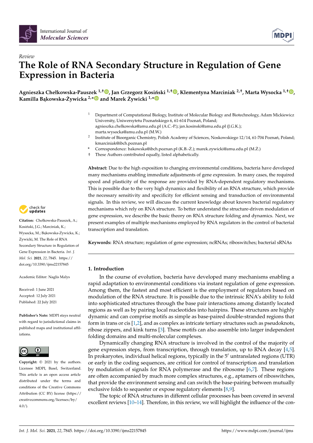 The Role of RNA Secondary Structure in Regulation of Gene Expression in Bacteria