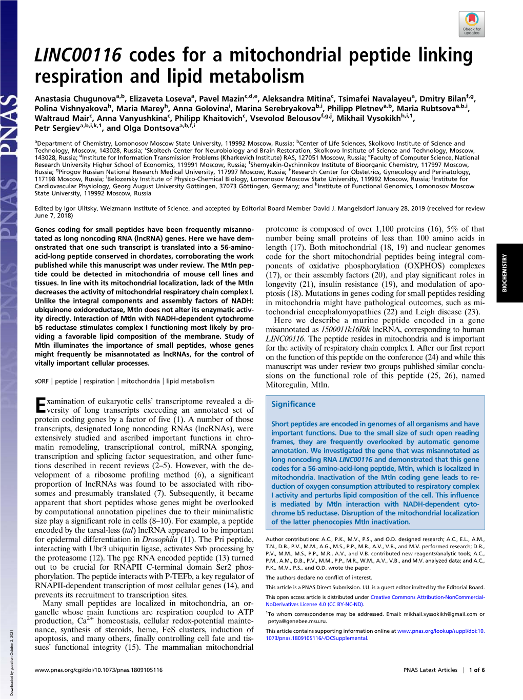 LINC00116 Codes for a Mitochondrial Peptide Linking Respiration and Lipid Metabolism