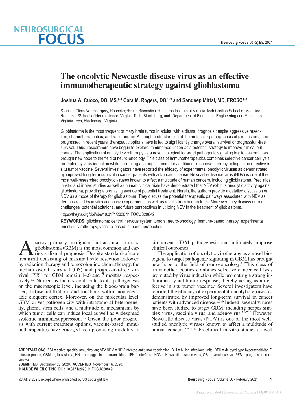 The Oncolytic Newcastle Disease Virus As an Effective Immunotherapeutic Strategy Against Glioblastoma