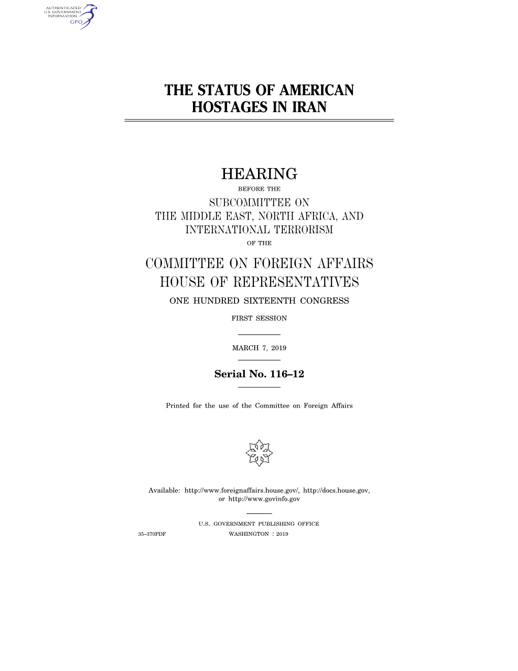 The Status of American Hostages in Iran Hearing Committee on Foreign Affairs House of Representatives